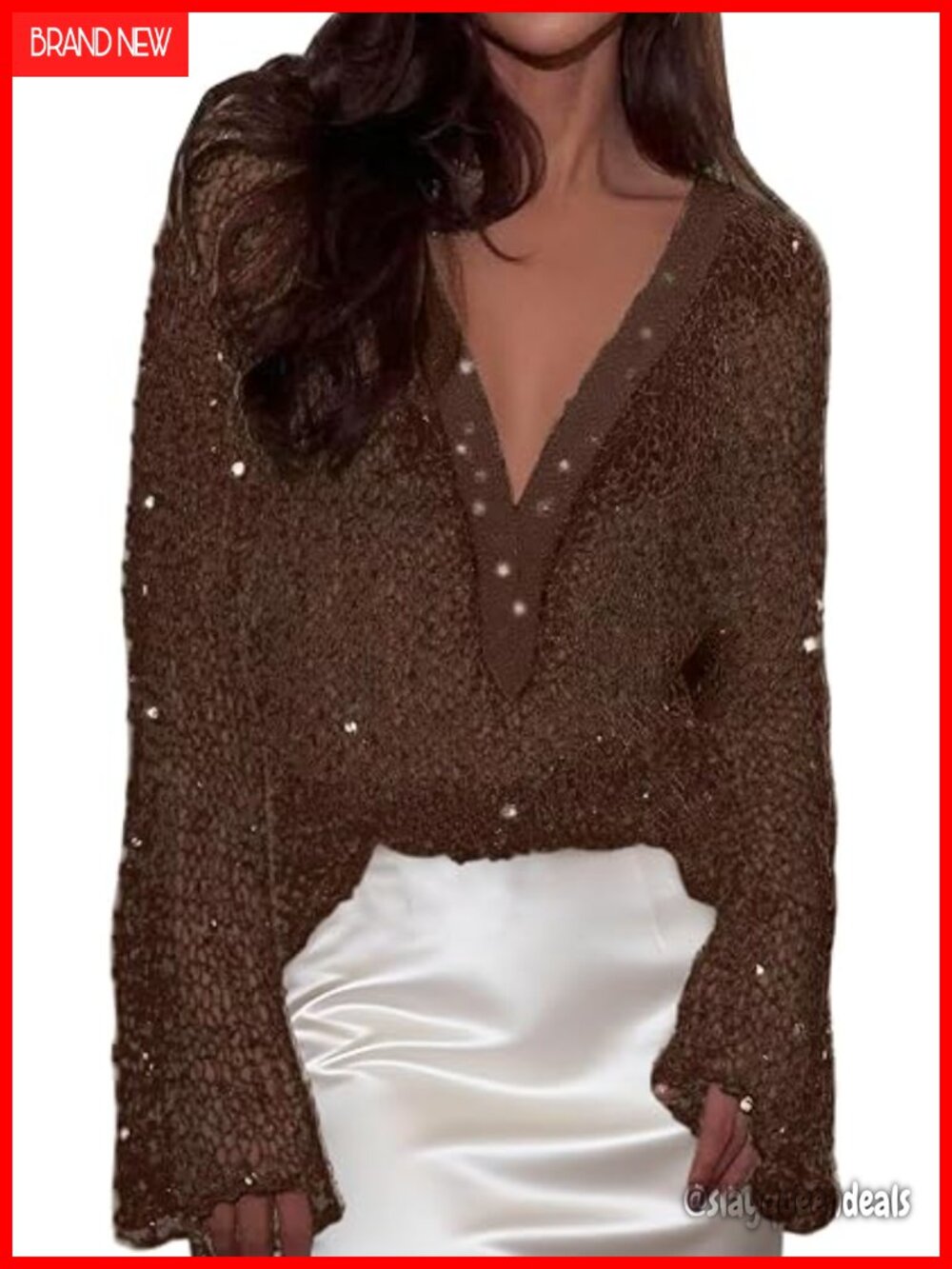 Sequin Deep V Neck Sheer Long Sleeve Hollow Out Knit Top